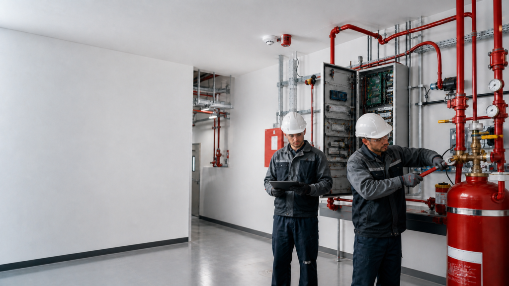 Técnicos inspeccionando un sistema de detección y supresión de incendios en una instalación comercial.